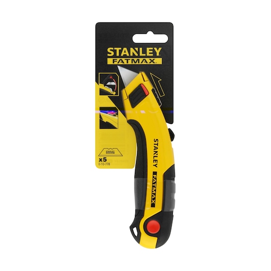 STANLEY 0-10-778 FATMAX utility knife, yellow and black, front angle, in retail packaging.