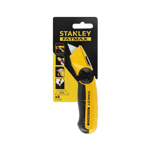 STANLEY 0-10-780 FATMAX utility knife in yellow and black, packaging front angle.