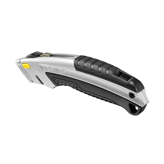 STANLEY 0-10-788 utility knife with silver and black ergonomic handle, side view on white background.