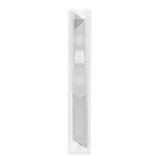 STANLEY 0-11-300 utility knife blades in transparent plastic case, front view.