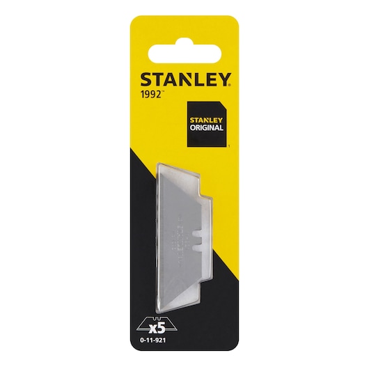 STANLEY 0-11-921 utility blade pack, five silver replacement blades in retail yellow and black packaging, front angle.