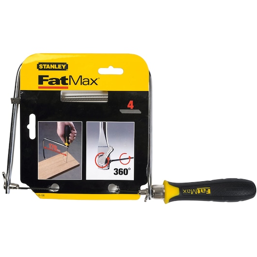 STANLEY 0-15-106 FatMax coping saw with black handle, photography, front angle on white background.