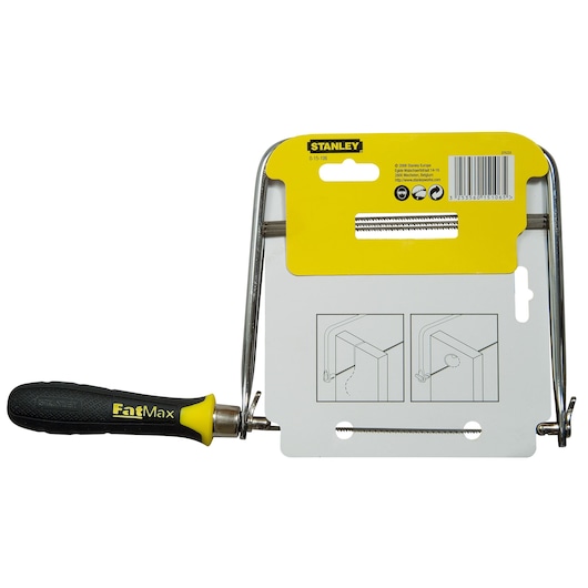 STANLEY 0-15-106 coping saw with black and yellow FatMax handle, shown in packaging, front angle on white background.
