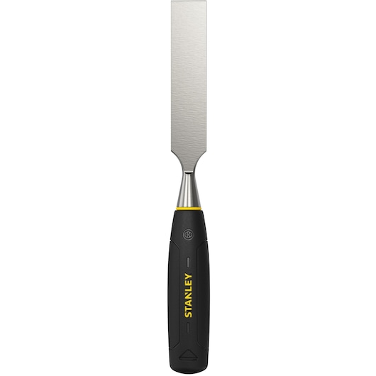 STANLEY 0-16-551 woodworking chisel with blue handle, product facing up, white background.