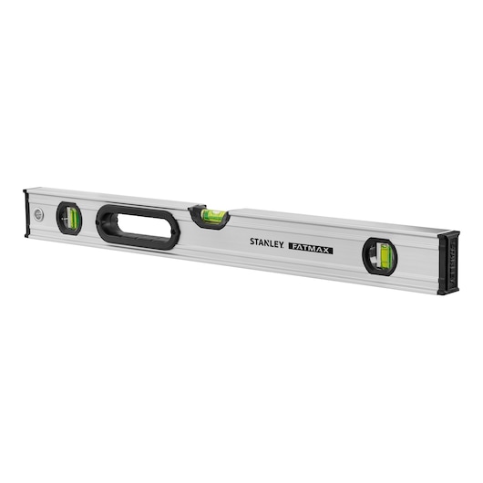 Stanley FatMax spirit level with three bubble vials and a handle, silver body, black accents.