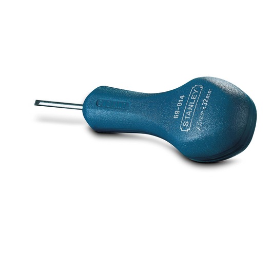 Stanley blue-handled screwdriver with flat blade, model 0-69-014, shown on a white background.