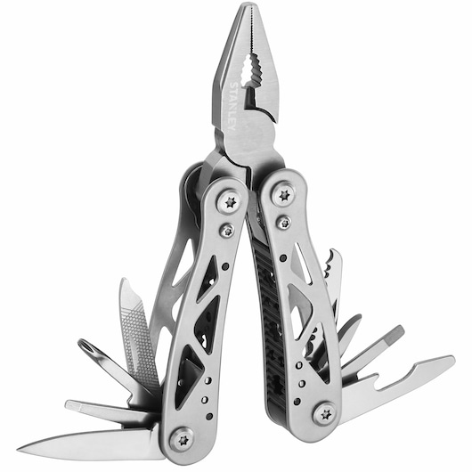 STANLEY 0-84-519 multi-tool with pliers, knife, screwdrivers, and tools, silver finish, front angle on white background.