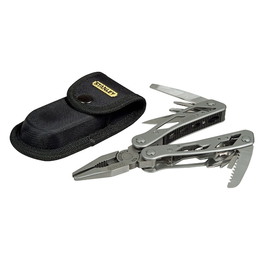 STANLEY 0-84-519 multi-tool with open pliers and black fabric pouch, front angle on white background.