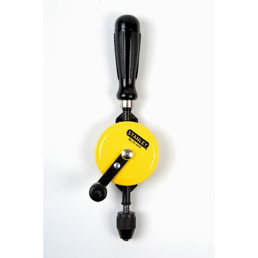 STANLEY 03-608 hand drill with yellow gear wheel and black handle, front angle on white background.
