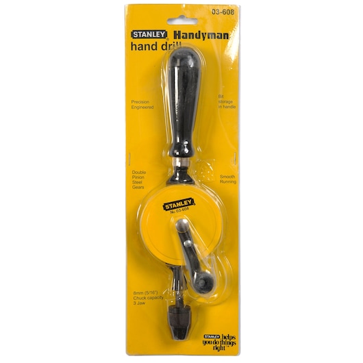 STANLEY 03-608 hand drill with black handle and yellow steel body in retail packaging, front angle.