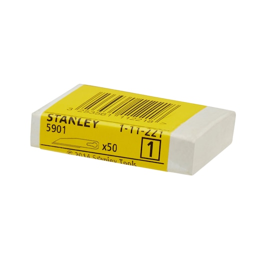 STANLEY 1-11-221 yellow and white utility blades pack, 50 count, angled side view, product packaging.