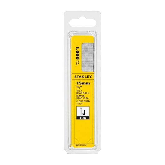 STANLEY 1-SWK-BN0625T pack of 18 gauge, 15mm brad nails in clear blister packaging, product photography front view.