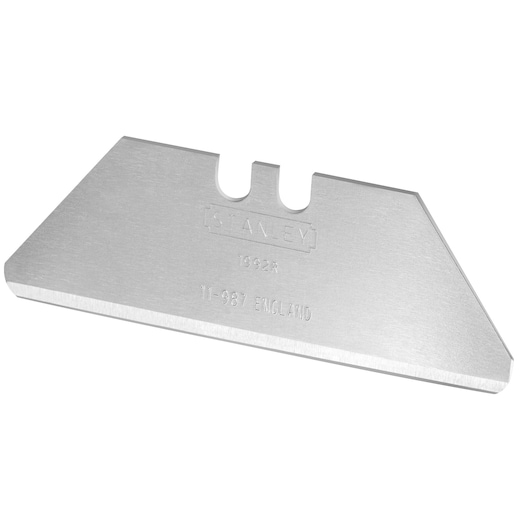 Photo of STANLEY 2-11-987 utility knife blade, silver, angled, shown on white background.