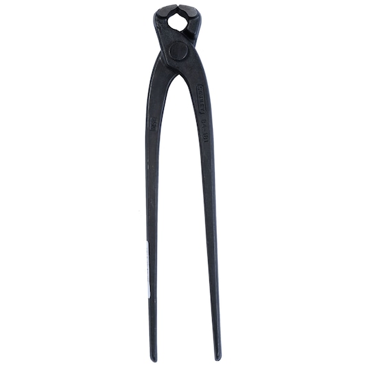 STANLEY 2-84-181 black iron end cutting pliers, photography of tool on white background, front angle.
