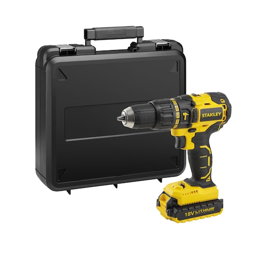 STANLEY SBH20D2K cordless drill with black hard case, side angle on white background.