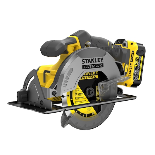 STANLEY SFMCS500M1K cordless circular saw, side angle, yellow and black, visible blade guard and battery pack.