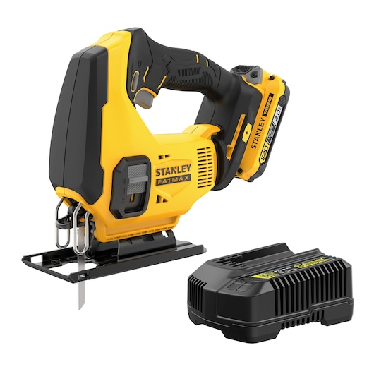 Stanley Fatmax cordless jigsaw with battery and charger, yellow and black design, for precise wood cutting.