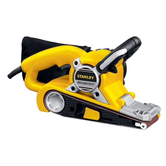 STANLEY STBS720 belt sander, yellow and black, side angle, with attached dust bag, product photography.