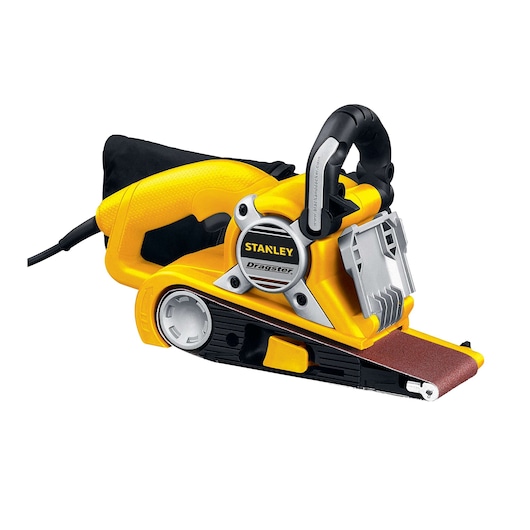 STANLEY STBS720 belt sander photographed from side on white background, yellow and black design with dust bag.