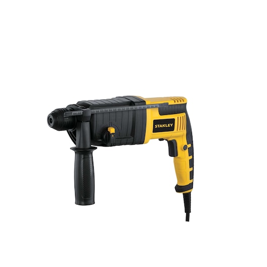 Photo of STANLEY STHR223K rotary hammer drill, yellow and black, side angle on white background.
