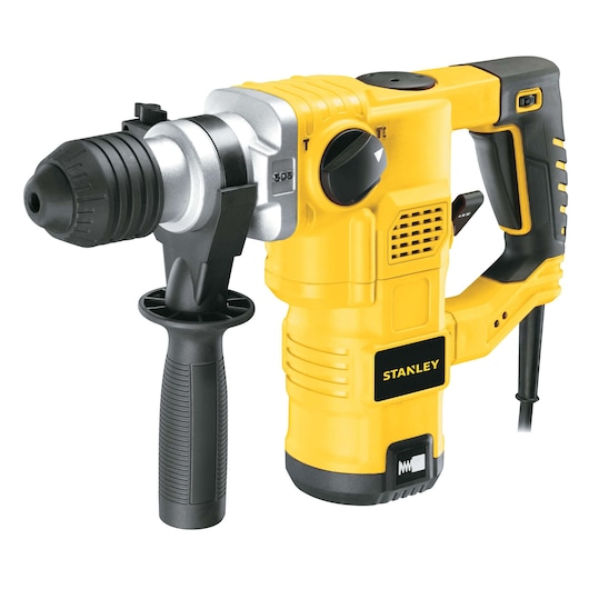 STANLEY STHR323K rotary hammer drill with side handle, yellow and black, front angle on white background.