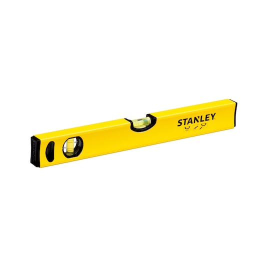 STANLEY STHT43102-8 yellow spirit level tool with three vials, angled on white background.