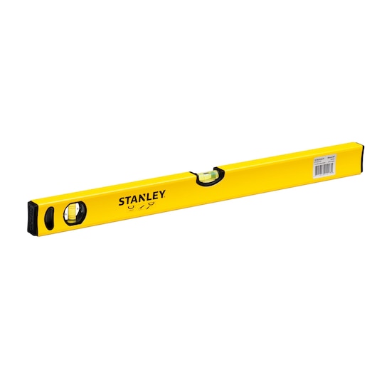 STANLEY STHT43103-8 yellow spirit level, photography, angled side view on white background.